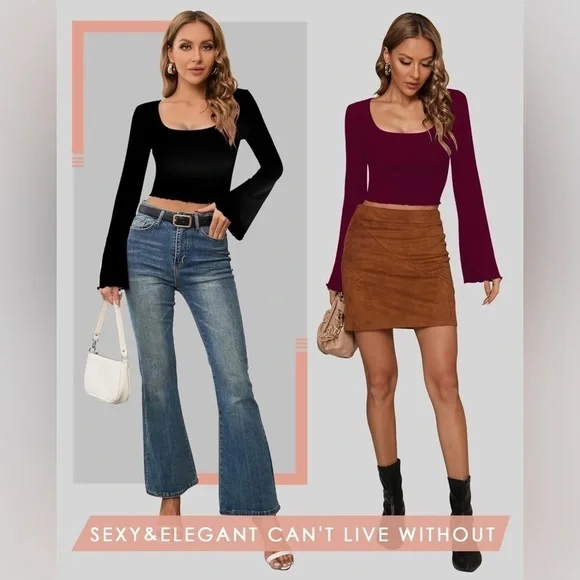 NWT- CLOZOZ Women’s Crop Top Blouse Square Neck, Long Bell Sleeve, Lettuce Trim - Picture 4 of 8